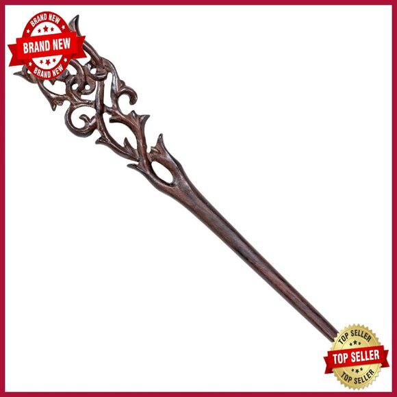 Natural Wood Hair Stick Double Prong Antique Carved Hairpin